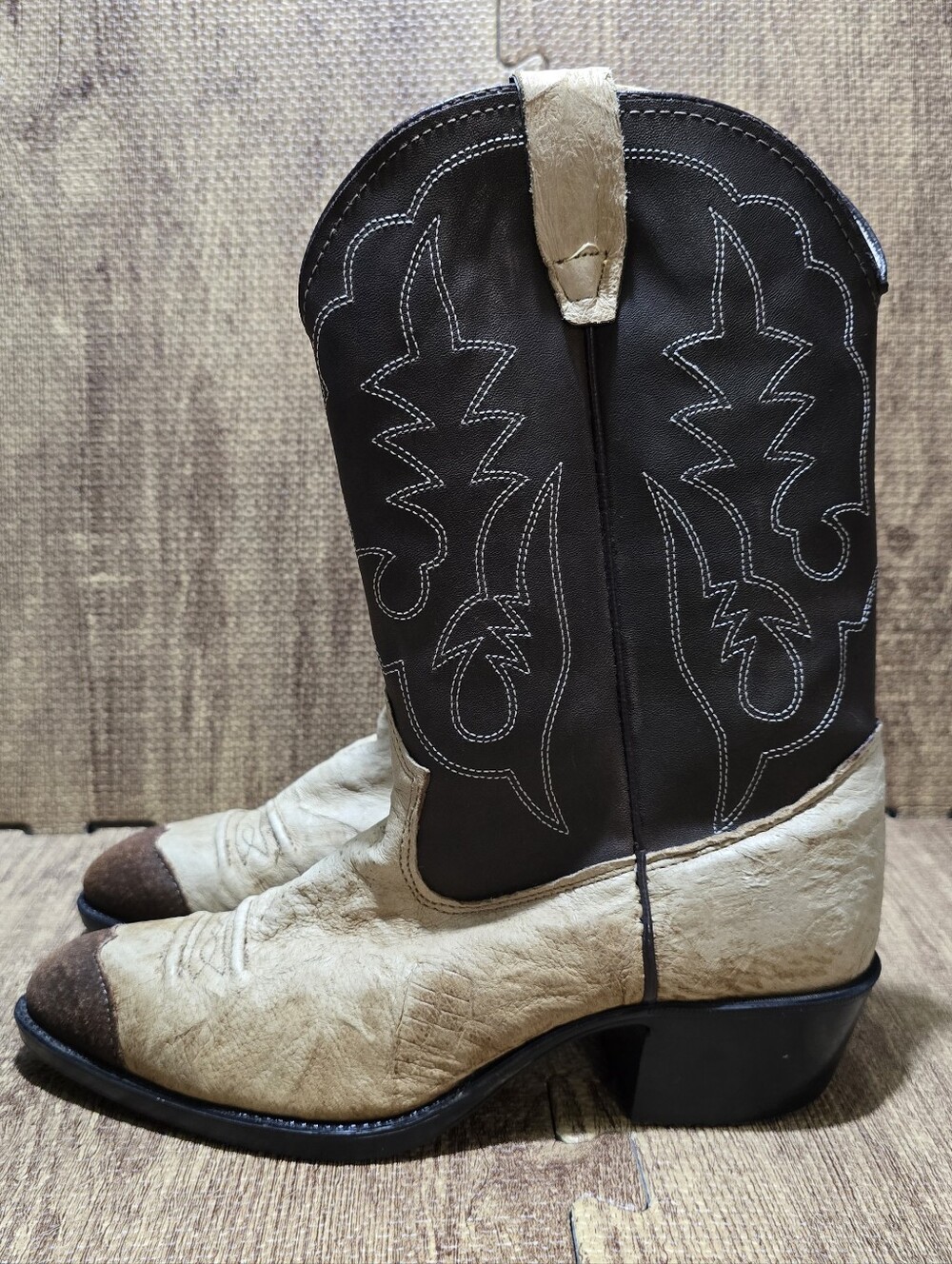 Vintage Texas All American Cowboy Boots Made in USA Two-Tone Brown Cream Size 5D